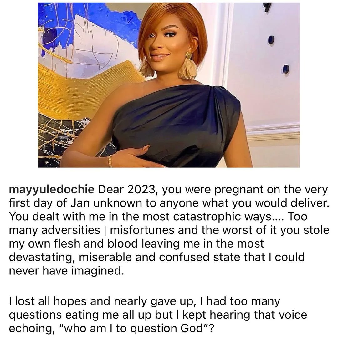 MercyObidake's tweet photo. 2023 stole my own flesh and blood leaving me in the most devastating, miserable and confused state- May Yul Edochie writes as she reflects on the past year

#mayedochie #yuledochie #fave #davido https://t.co/t6Vh8sLxjE