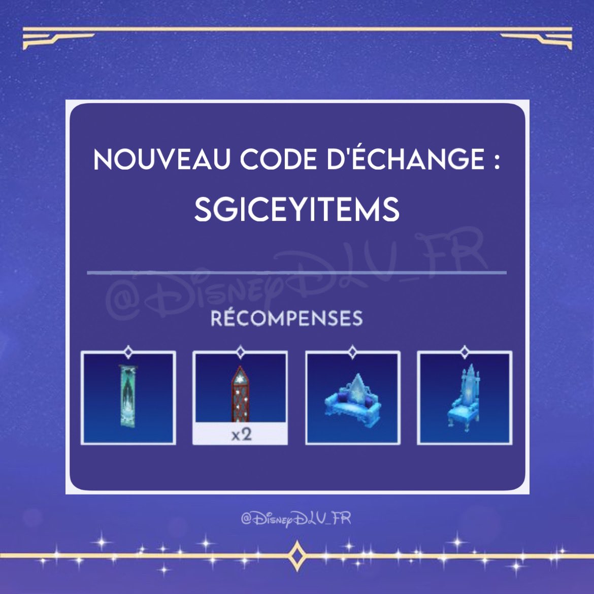 ⟢ Nouveau code d’échange ⟣

Pour obtenir une tapisserie verticale « Château de glace », des fenêtres glacées, un canapé de glace et un siège refroidi !

➤ Utilisez le code suivant :
SGICEYITEMS

#DisneyDreamlightValley #DDLV #DDLVCommunity