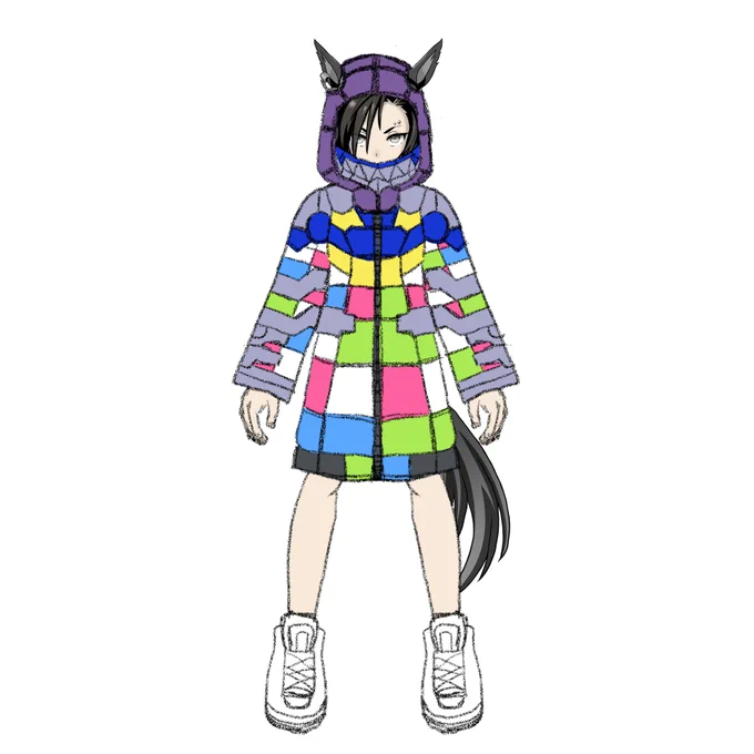 シャカールの勝負服の妄想強化フォーム(?)考案中。衝撃的だった私服のサイケデリックなパーカーをターボやネオユニみたいに勝負服にアレンジできないかと思案。色の組み合わせに悩んでいます。(リプ欄にアンケート設置。ゆる募) 