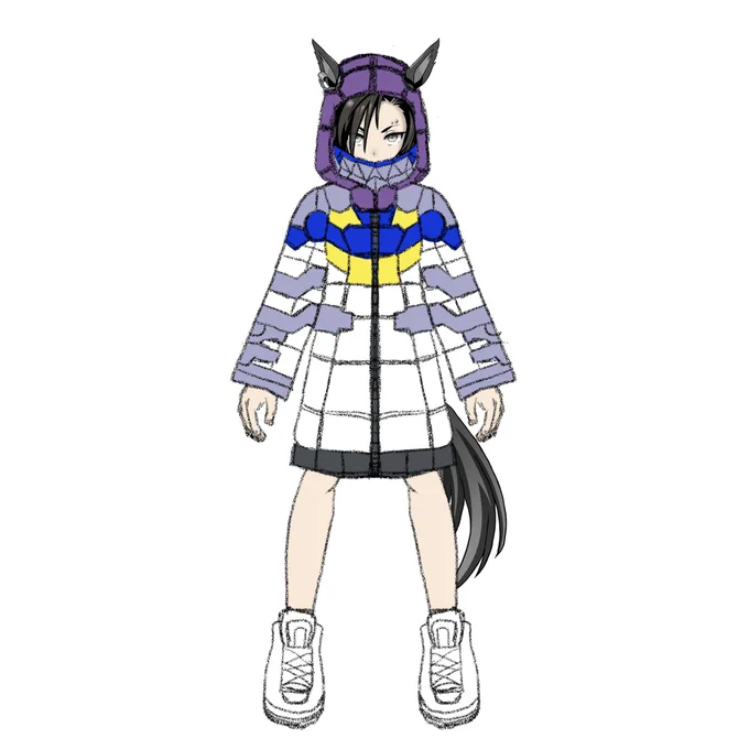 シャカールの勝負服の妄想強化フォーム(?)考案中。衝撃的だった私服のサイケデリックなパーカーをターボやネオユニみたいに勝負服にアレンジできないかと思案。色の組み合わせに悩んでいます。(リプ欄にアンケート設置。ゆる募) 