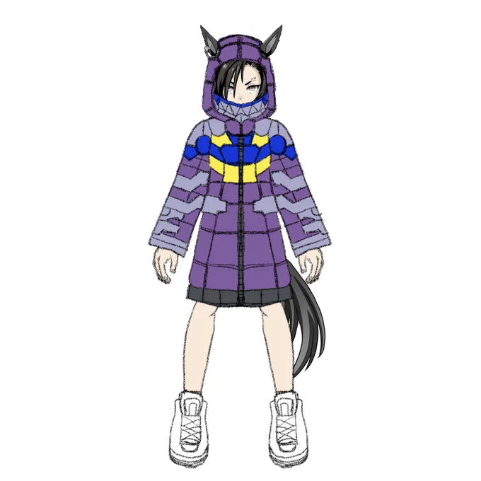 シャカールの勝負服の妄想強化フォーム(?)考案中。衝撃的だった私服のサイケデリックなパーカーをターボやネオユニみたいに勝負服にアレンジできないかと思案。色の組み合わせに悩んでいます。(リプ欄にアンケート設置。ゆる募) 
