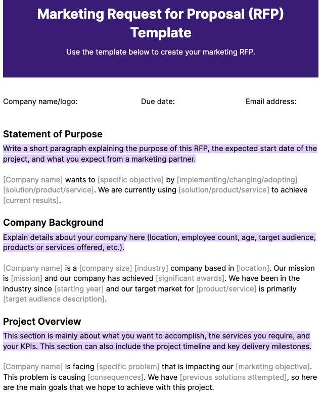 semrush's tweet photo. A request for proposal (RFP) in marketing is a written document you can give to marketing agencies and freelancers to invite proposals for a project.

Download our free template here ⬇️ 
https://t.co/ldVPxLOSaE. https://t.co/VQjnBTM6Ie