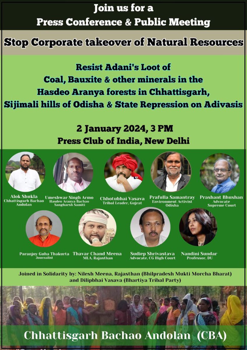 **See you tomorrow at Press Club** Stop the corporate takeover of natural resources! It's time to stand up and resist the loot of coal, bauxite, and other minerals in the Hasdeo Aranya forests in Chhattisgarh and the Sijimali hills of Odisha.