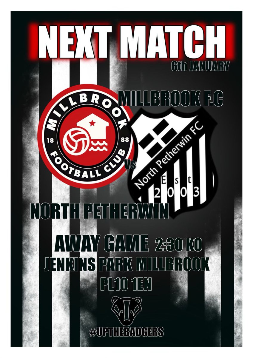 North Petherwin FC (@npfc03) on Twitter photo 🚍| Our firsts are back in league action and make the trip to <a href="/MillbrookAFC/">Millbrook AFC</a> for their first game in 2024.
We look forward to seeing you there!
Up the badgers!
<a href="/swsportsnews/">South West Sports News</a> <a href="/StPiranLeague/">Kernow Stone St Piran League</a> <a href="/Cornishfootball/">Dave Deacon</a> <a href="/sportscornwall/">Cornwall Sports Media</a> <a href="/SoccerPodcast/">CS Football Podcast</a> 🚍| Our firsts are back in league action and make the trip to <a href="/MillbrookAFC/">Millbrook AFC</a> for their first game in 2024.
We look forward to seeing you there!
Up the badgers!
<a href="/swsportsnews/">South West Sports News</a> <a href="/StPiranLeague/">Kernow Stone St Piran League</a> <a href="/Cornishfootball/">Dave Deacon</a> <a href="/sportscornwall/">Cornwall Sports Media</a> <a href="/SoccerPodcast/">CS Football Podcast</a>