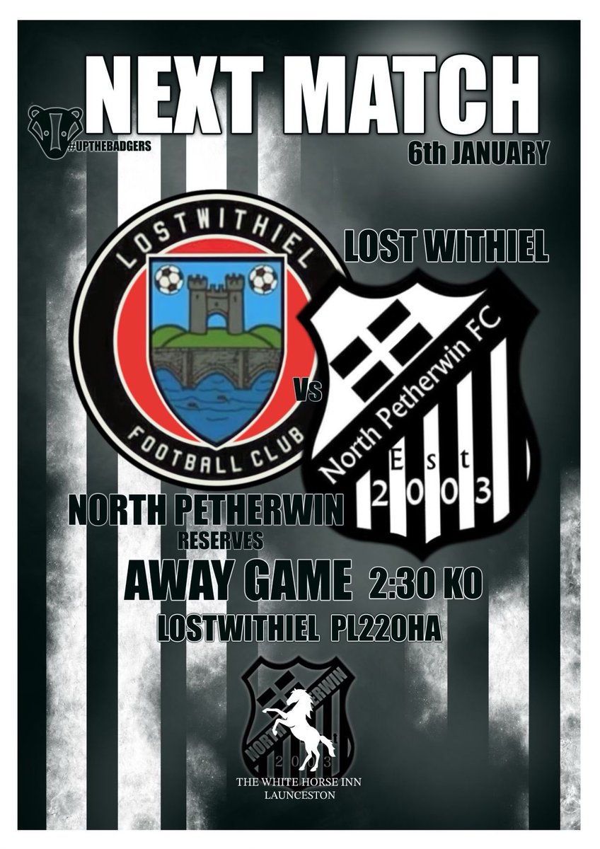 North Petherwin FC (@npfc03) on Twitter photo 🚍| Our reserves are back in league action and make the trip to <a href="/LostwithielFC/">Lostwithiel FC</a> for their first game in 2024.
We look forward to seeing you there!
Up the badgers!
<a href="/swsportsnews/">South West Sports News</a> <a href="/StPiranLeague/">Kernow Stone St Piran League</a> <a href="/Cornishfootball/">Dave Deacon</a> <a href="/sportscornwall/">Cornwall Sports Media</a> <a href="/SoccerPodcast/">CS Football Podcast</a> 🚍| Our reserves are back in league action and make the trip to <a href="/LostwithielFC/">Lostwithiel FC</a> for their first game in 2024.
We look forward to seeing you there!
Up the badgers!
<a href="/swsportsnews/">South West Sports News</a> <a href="/StPiranLeague/">Kernow Stone St Piran League</a> <a href="/Cornishfootball/">Dave Deacon</a> <a href="/sportscornwall/">Cornwall Sports Media</a> <a href="/SoccerPodcast/">CS Football Podcast</a>