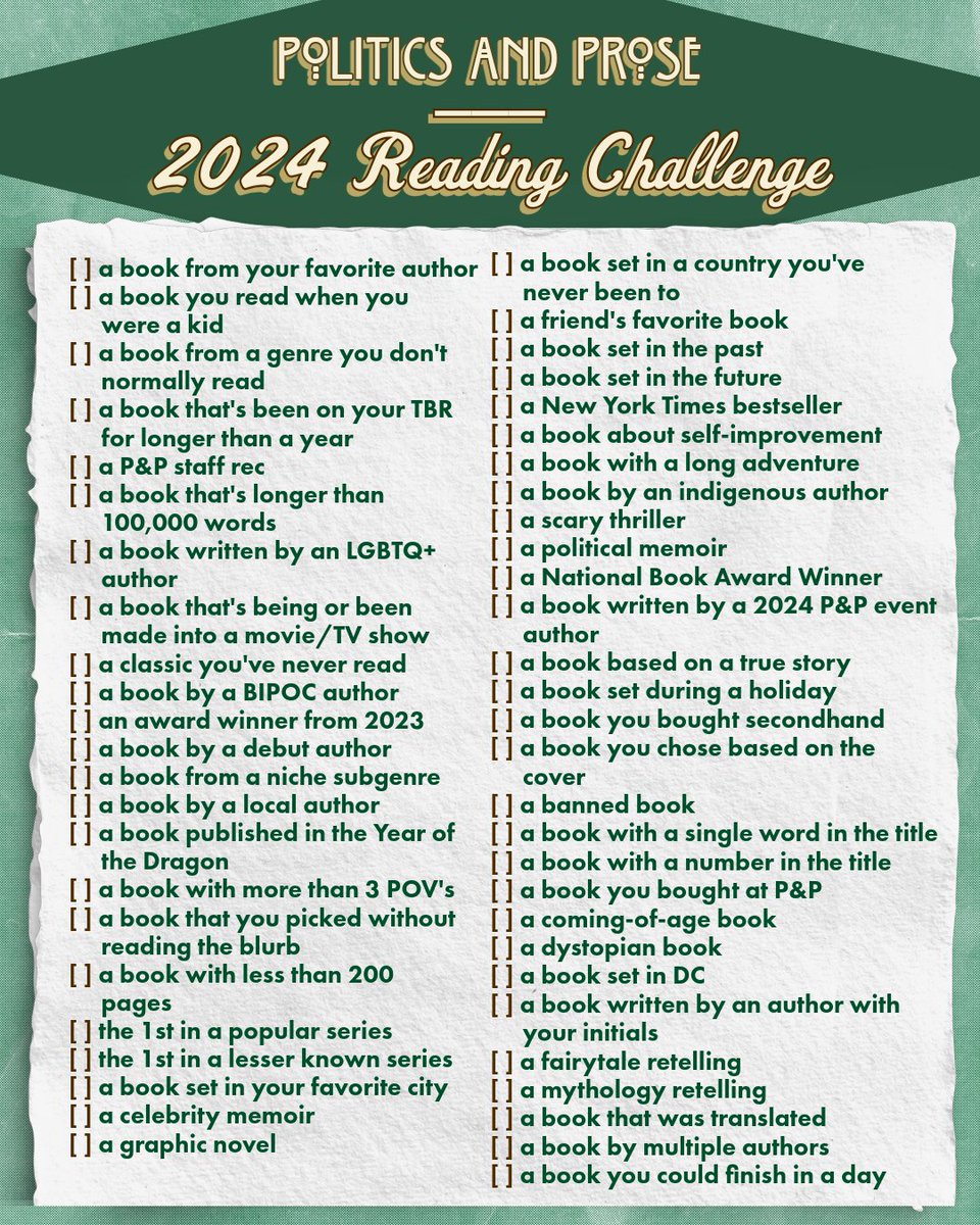 Happy New Year! We're starting off the year with a reading challenge! Are you up for it? We'll be checking in over the course of 2024 to see what you've been reading, and we'll show you what we've been reading. Good luck!  🎉