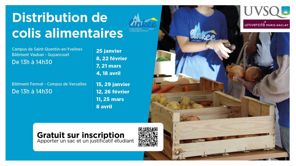 uvsq's tweet photo. 🍏🥦Distribution gratuite de colis alimentaires avec 
@LinkeeOfficiel
Aucun critère de sélection, ouverte à tous les étudiants et étudiantes. Une initiative pour combattre la précarité et renforcer notre communauté. 
> https://t.co/fub9BWdDuH https://t.co/D0GAEJ3rL5