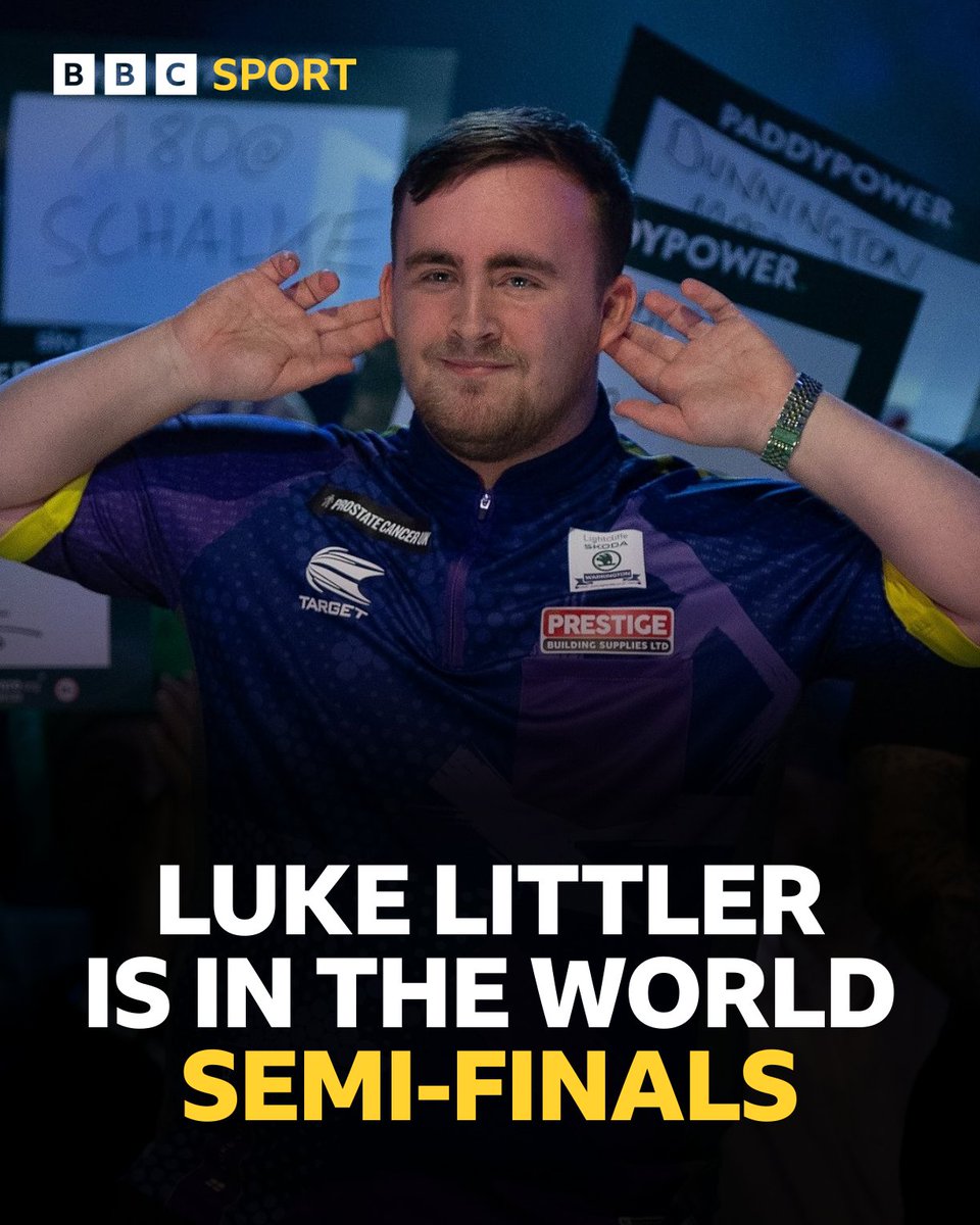 BBCSport's tweet image. ✅ Unseeded
✅ 16 years old

Luke Littler has reached the PDC World Championship semi-finals! 🎯

The teenager will face 2018 champion Rob Cross for a shot at the final.

#BBCDarts #WCDarts