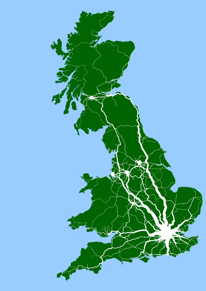 Rail network model of mainland Great Britain showing a representation with white line with scaled to annual passenger journeys. Sea in blue and land in green.
