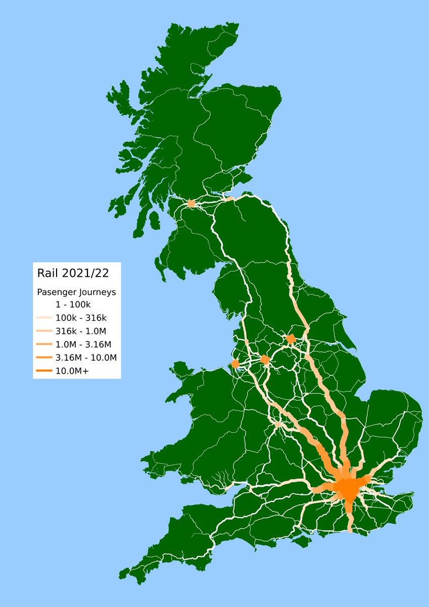 Rail network model of mainland Great Britain showing a representation with both log-scale coloured white to orange lines and line width with scaled to annual passenger journeys. Sea in blue and land in green.