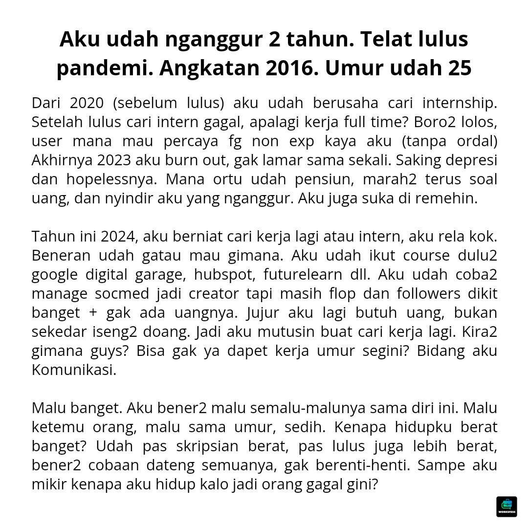 Work! CW // nganggur

Aku bingung, hilang arah. Pas skripsian susah, abis lulus lebih susah lagi. Makasih yang sudah mendengarkan ceritaku. Mohon doanya 😔