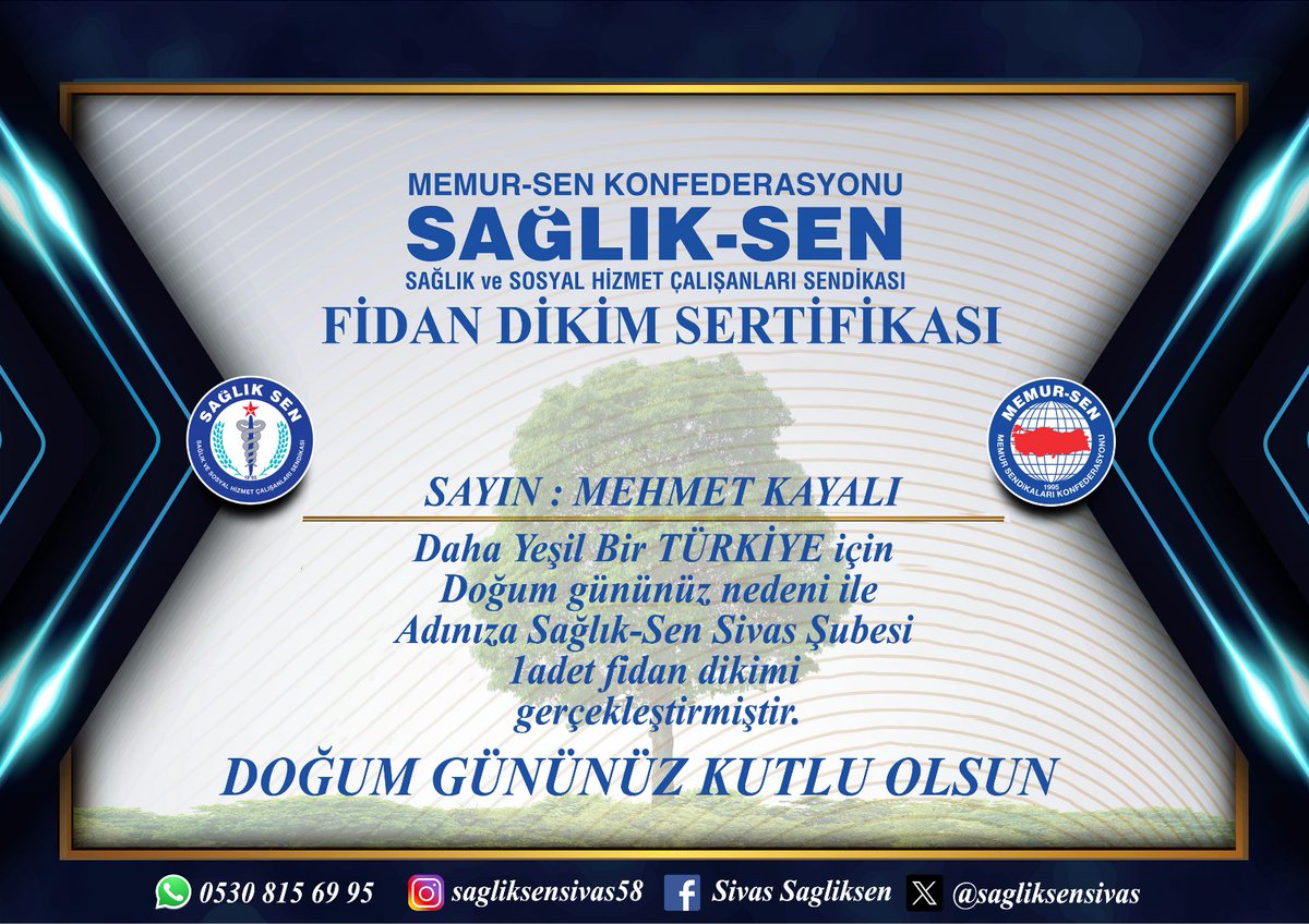 Kayali58's tweet photo. Değerli üyelerimiz Sağlık-Sen Sivas Şubesi olarak doğum gününüz nedeniyle 1 adet fidan dikimi uygulamamız başlamıştır. Sizin adınıza sendikamız tarafından dikilicek her fidan daha yeşil bir Türkiye olarak geleceğimize katkı sağlayacaktır.
Sağlıksenli olmak ayrıcalıktır
@sagliksen https://t.co/lLDULCjxZO