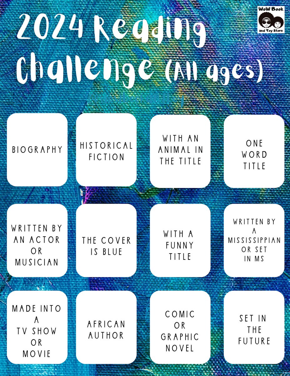 WOWBookandToy's tweet photo. New year, new books! Our #2024readingchallenge is one that can be enjoyed by both children &amp; adults, so we hope this becomes a #familyreading activity that's enjoyed all year. Keep us posted and share your selections! Happy reading family 🖤📚

#diversekidlit #Blackbookstore https://t.co/VAeRR1ptEy