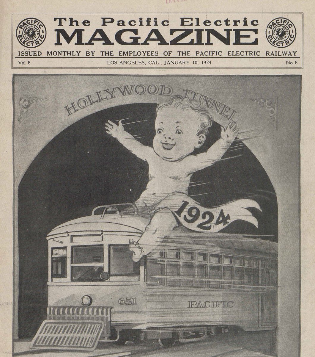 LAhistory's tweet image. Happy New Year! 🎉🥳

Riding into 2024 like Baby New Year on a Pacific Electric train in 1924. :) libraryarchives.metro.net/DPGTL/employee… #transithistory #PacificElectric #100yearsago