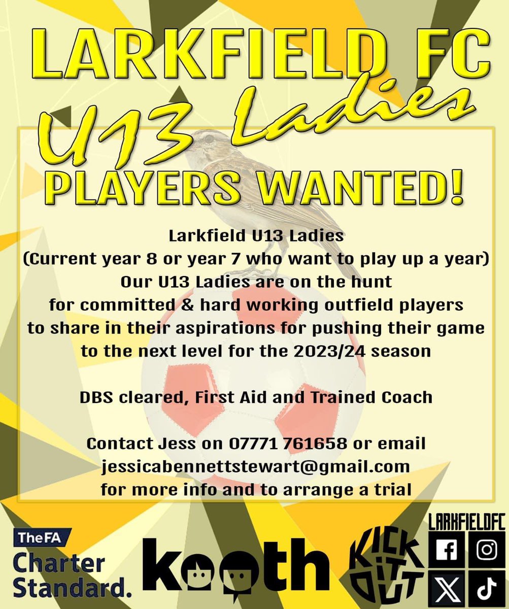 𝑷𝑳𝑨𝒀𝑬𝑹𝑺 𝑾𝑨𝑵𝑻𝑬𝑫!

Our Under 13 Ladies team are looking for players to complete their squad as they continue their great start to the league season.

Interested? all info &amp; contacts are on the poster - Jess would love to have a chat with you &amp; answer any questions 🟡⚫️