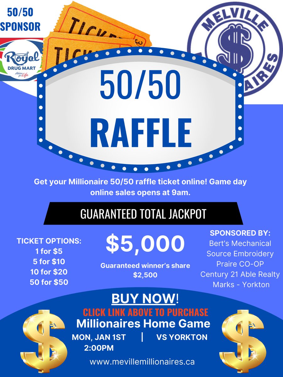 ROYAL DRUG MART 50/50

GAME DAY MILLS FANS!!! 

💰HAPPY NEW YEAR!! Today’s 50/50 is guaranteed at $5,000 total pot!! Don’t miss your chance to ring in the new year to with some cash!💰

Thank you to our amazing sponsors! 

Click this link below!

sk.tap5050.com/apex/f?p=127:P…