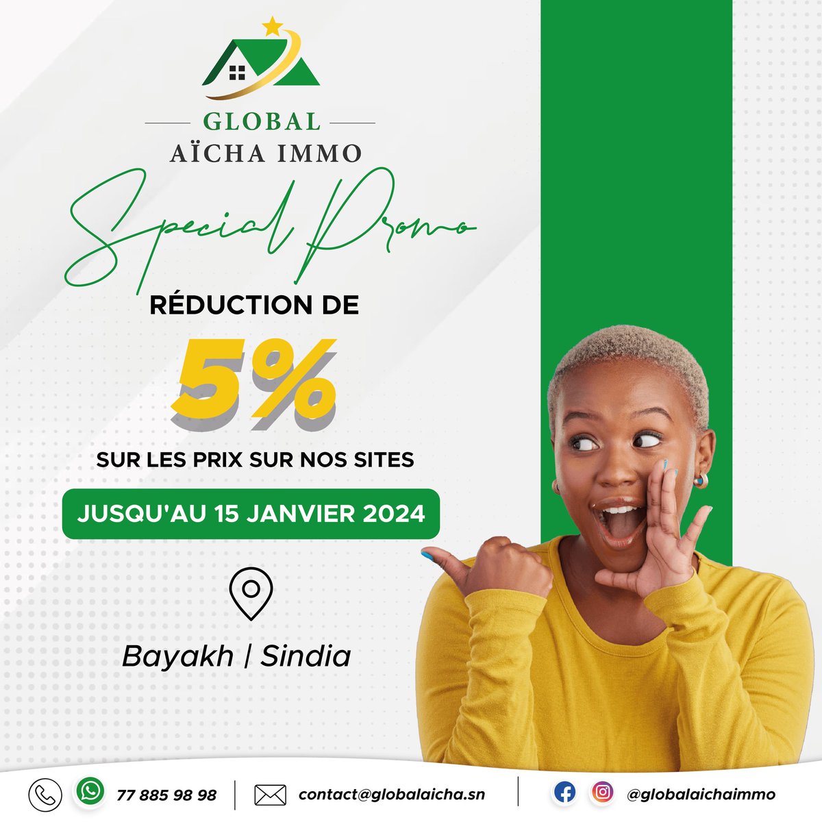 AichaImmo's tweet photo. On commence l’année en beauté avec cette réduction de 5 % 🥳. Profitez-en jusqu’au 15 janvier 2023 pour nos parcelles à Bayakh (prix initial 4500000 FCFA - titre foncier individuel) et Sindia (prix initial 2900000 FCFA - délibération).

📞 77 885 98 98 

#GlobalAichaImmo 
#kebetu https://t.co/bSzZhaxtqR