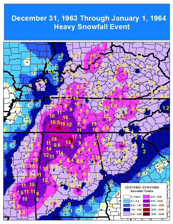 NWSNashville's tweet photo. Sixty years ago today, the New Year's Day, 1964 snowstorm brought massive accumulations of snow to Middle Tennessee. Several records that were set that day still stand. Lawrenceburg topped everyone with 16" of snow during this event. https://t.co/glugThq3yT https://t.co/cDUHhppatZ