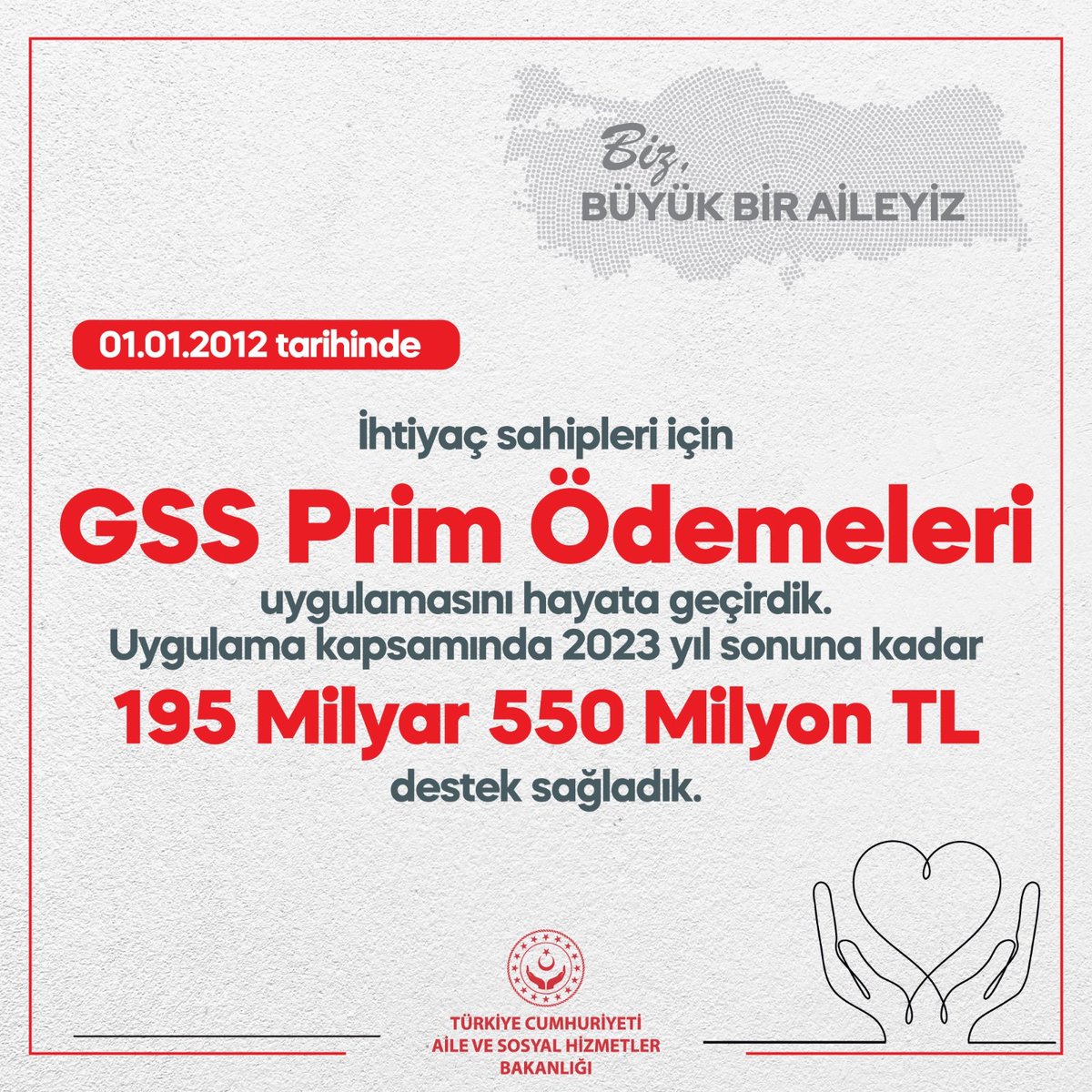 Sosyal güvencesi olmayan ihtiyaç sahibi vatandaşlarımız için hayata geçirdiğimiz GSS prim ödemeleri uygulamasının bugün 12'nci yılı.

Uygulama kapsamında bugüne kadar toplam 195 milyar 550 milyon TL destek sağladık.

Çünkü #BizBüyükBirAileyiz