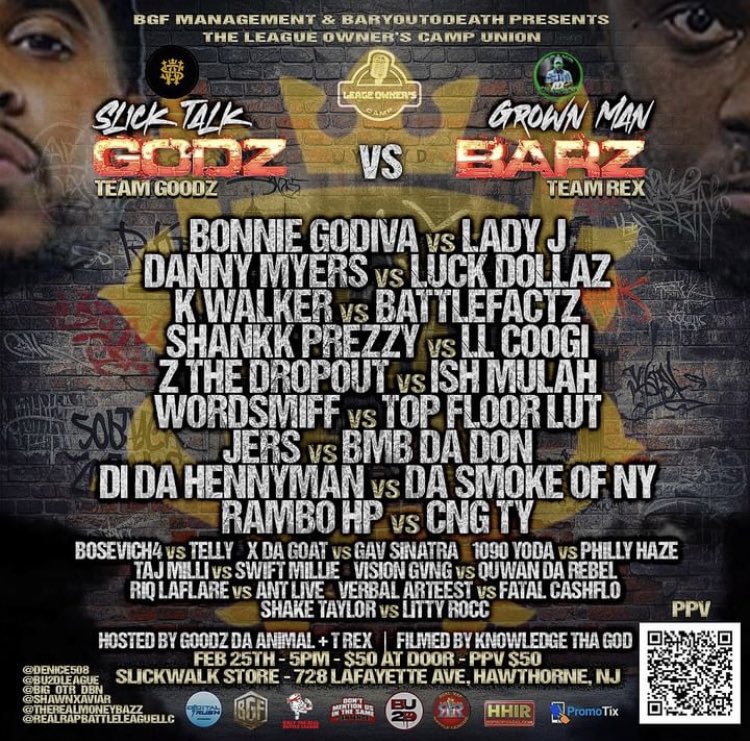 AllThingsBatRap's tweet image. #TeamGoodz vs #TeamRex 👀🔥

Going down February 25 🎥

• Bonnie Godiva vs Lady J
• Danny Myers vs Luck Dollaz
• K Walker vs Battle Factz
• Shankk Prezzy vs LL Coogi
• Z The Dropout vs Ish Mulah
• Wordsmiff vs Top Floor Lüt
+ much more‼️