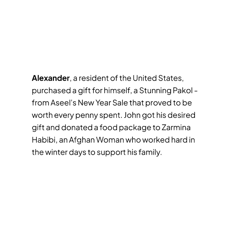 ASEELApp's tweet photo. Just like Alexander, make your purchases count! Shop at Aseel's New Year Sale and delight in stunning Afghan treasures while supporting Afghan humanitarian causes. 

Turn spending into giving at https://t.co/H4cvYCcZTC 

#shopwithapurpose #youpurchase #wedonate #shopforacause