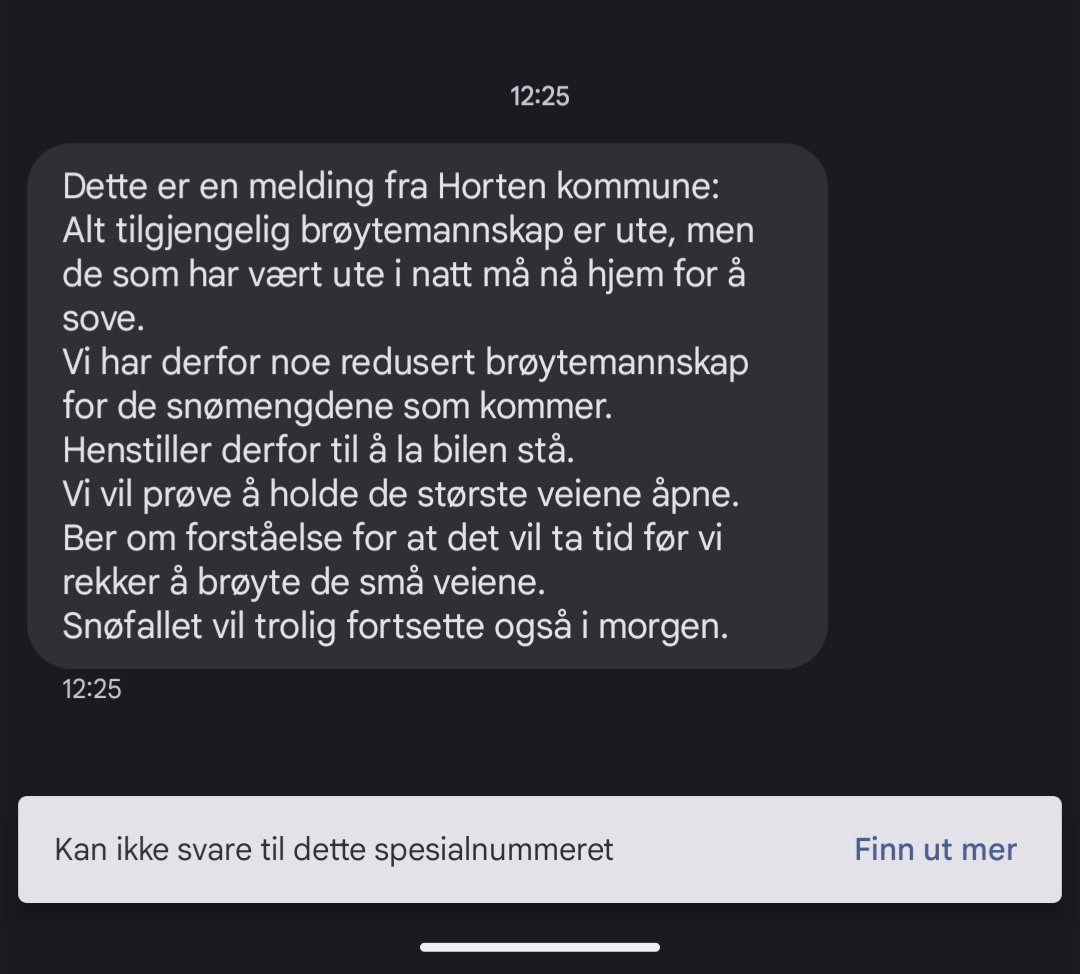 CashDividend's tweet photo. Fikk melding fra @Hortenkommune midt på dagen i dag. Takk for opplysning. Selv bor jeg i Nordland og har aldri vært i Horten. Her oppe vet vi å håndtere snø 🌨️ Gi lyd hvis dere trenger en vinterkonsulent. https://t.co/oXB40pB6L1