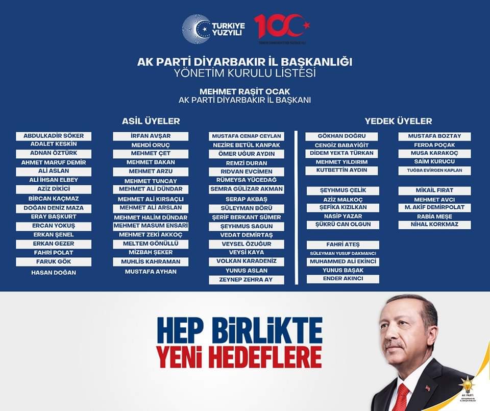 AK Parti Diyarbakır İl Başkanlığı Yönetim Kurulu listesinin Diyarbakır'ımıza ve teşkilatımıza hayırlı olması temennisi ile İl Başkanımız Sn. <a href="/RasitOcak/">Raşit Ocak</a> ve yönetim kuruluna başarılar diliyorum.

<a href="/Akparti/">AK Parti</a>