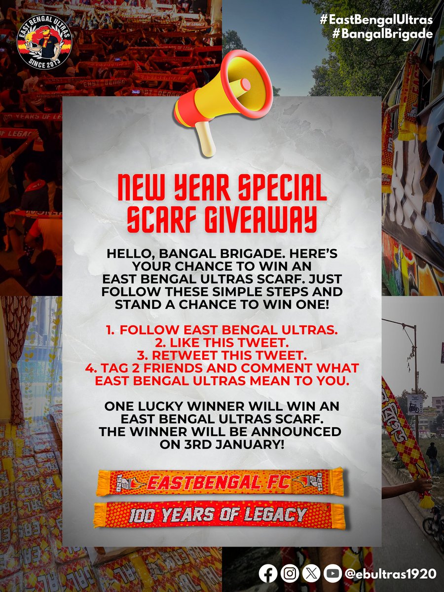 ebultras1920's tweet image. New Year Special Scarf Giveaway! 🔥

📌 Follow our Page
📌 Like this Tweet
📌 Retweet this Tweet
📌 Tag 2 friends and comment what East Bengal Ultras mean to you

Contest ends at 11 AM, 3rd January.

Winner will be announced after verification. 

#JoyEastBengal #EastBengalUltras