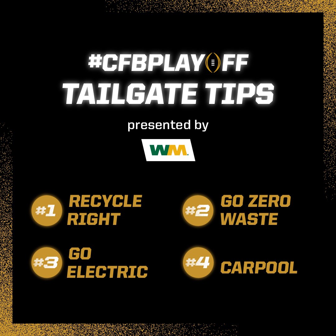 For those at the games or at home watching tonight, be sure to check out the Top 4️⃣ #CFBPlayoff Tailgate Tips presented by <a href="/WasteManagement/">WM</a>.

Let’s all work for a more sustainable tomorrow.

♻️🏈🏆
