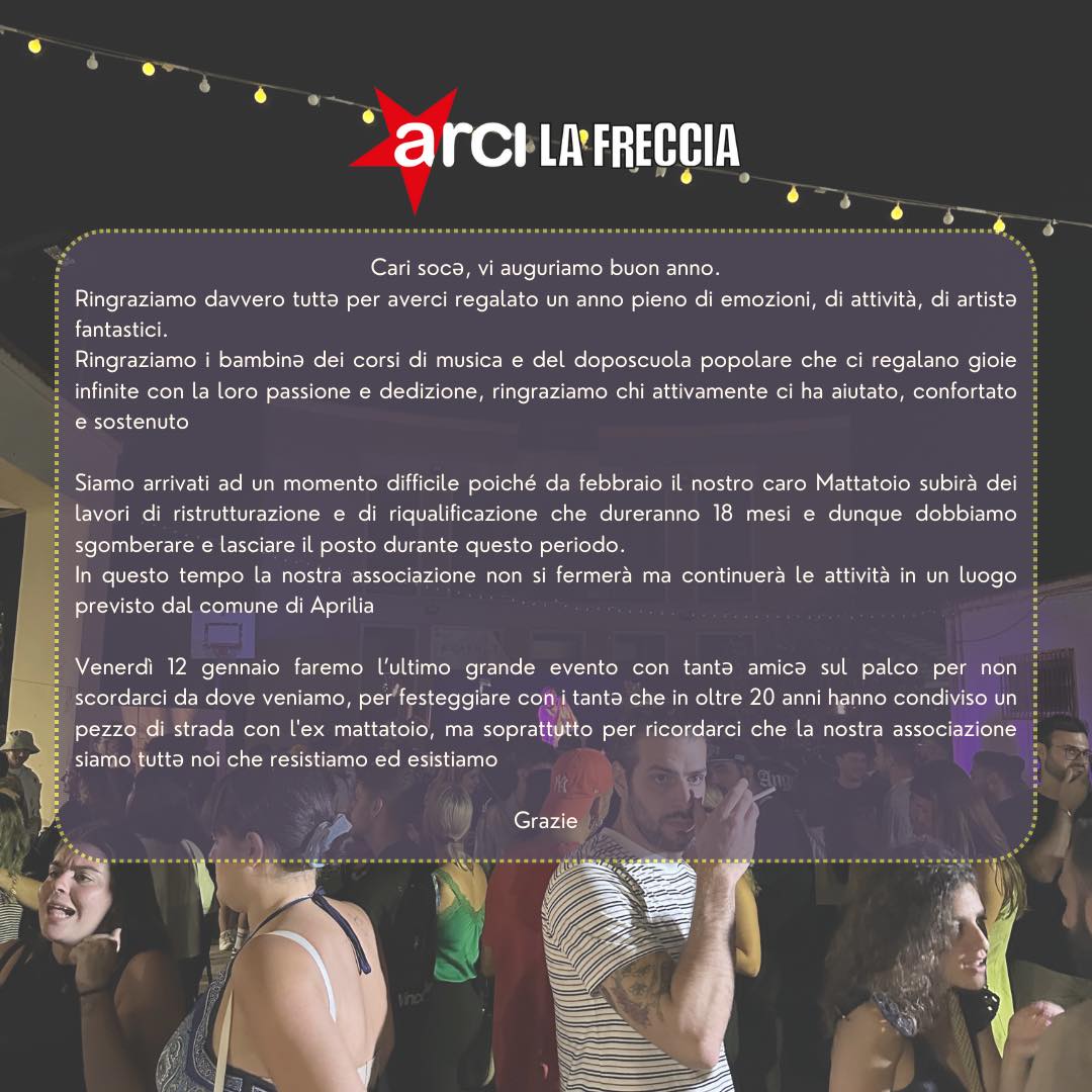 Chiudiamo un attimo per 18 mesi per lavori di ristrutturazione dell'#exmattatoio. Non preoccupatevi, non spariremo, non vi liberete facilmente di noi! Nel frattempo venerdì 12 gennaio organizzeremo una grande #festa con tanti amici #artisti: siete tutti invitati!