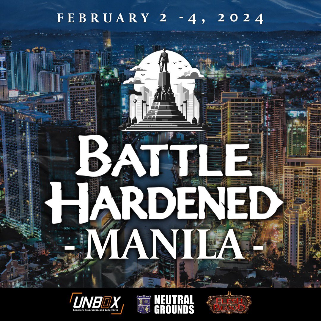 carloople's tweet photo. Registration for BATTLE HARDENED: MANILA is now live! You can get tickets for the Super Armory (Blitz) Battle Hardened (Blitz), and PTI (CC) already. Check out the generous prize payouts for BH and PTI below. Come to Manila. We’d love to have you here! (1/2) #fabtcg @fabtcg https://t.co/Dv8w4SWDQL