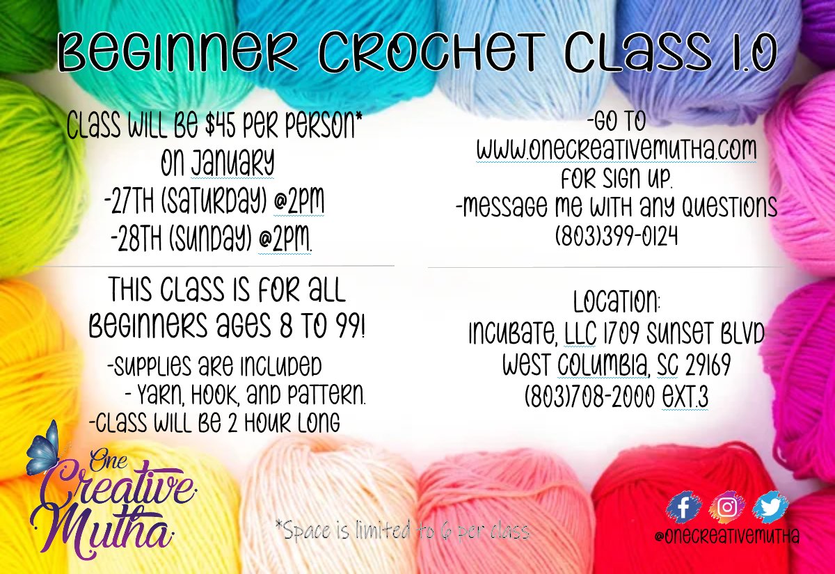 1_CreativeMutha's tweet image. This year I am planning on having local classes more often. 
Please order online with the link below.
#onecreativemutha #crochetclasses #beginnerscrochetclass #newyearnewgoals #letsmakeprettythings
onecreativemutha.com/.../beginner-c…