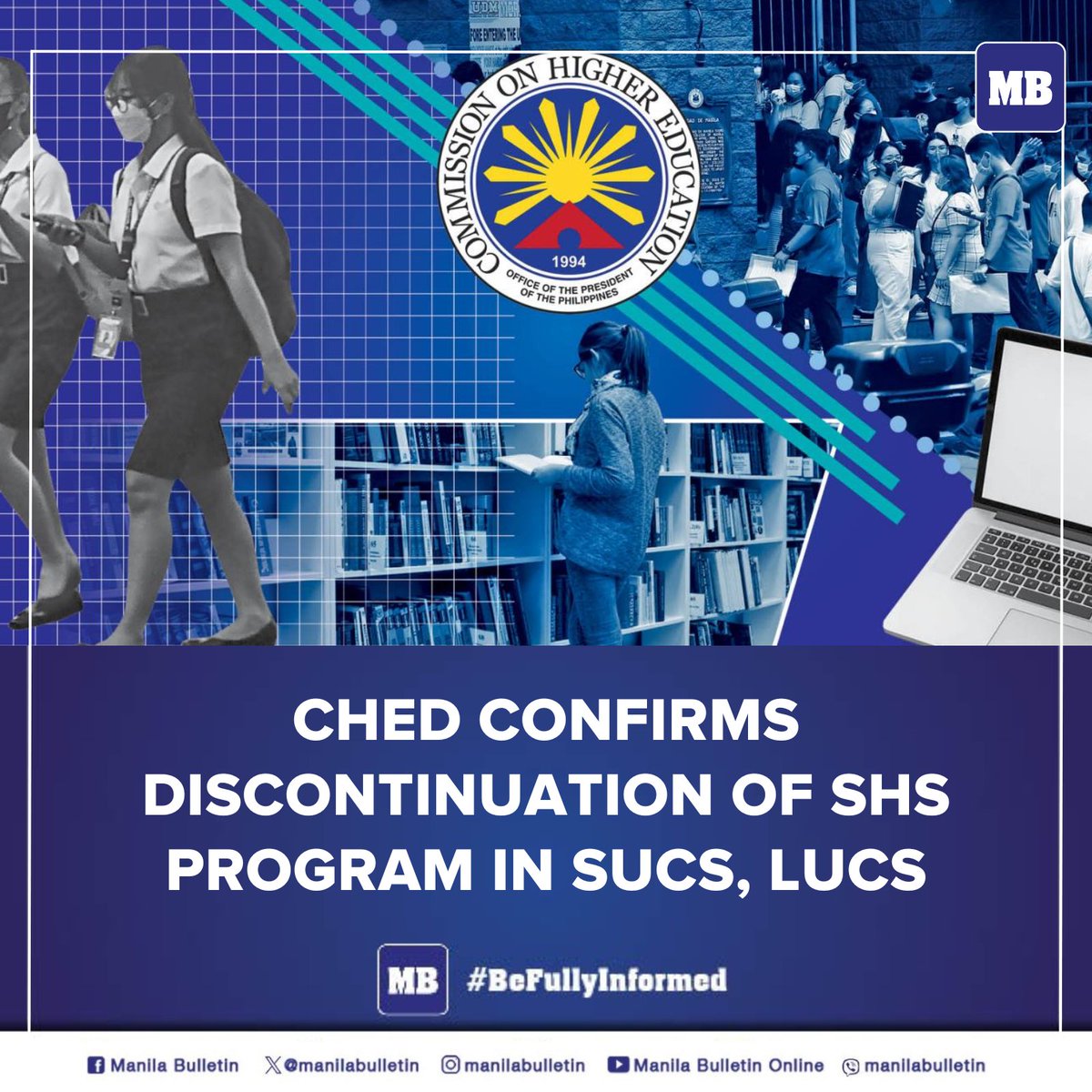 manilabulletin's tweet photo. The Commission on Higher Education (CHED) has officially announced the discontinuation of the Senior High School (SHS) Program in State Universities and Colleges (SUCs) and Local Universities and Colleges (LUCs).

READ: https://t.co/B19lNehHck https://t.co/pMBEAgowYE