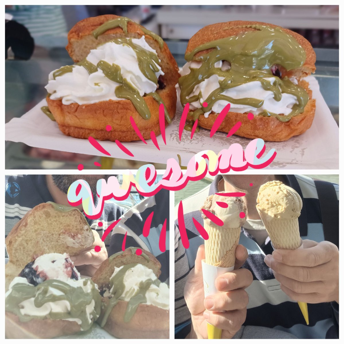 While everybody eats #ChocolateConChurros on Jan 1st, our personal tradition is to celebrate this #LoveMalaga #bestclimaineurope with #IceCream at the sunny beach. Cherry Ice cream with pistachio sauce on a hot brioche, plus Malaga ice cream (rum & raisins) and #Baileys cones.