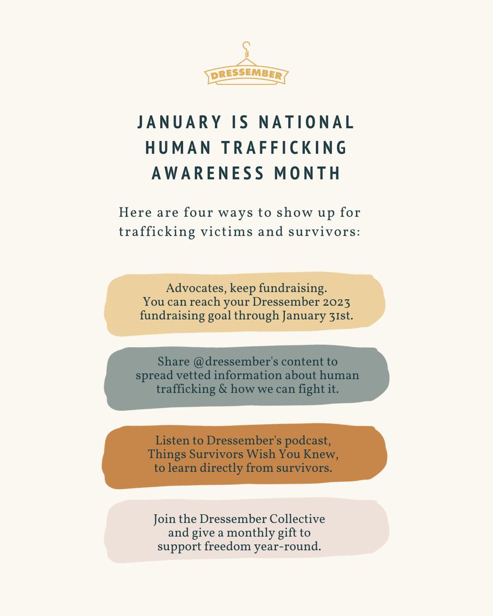 It's National Human Trafficking Awareness Month, a *critical* time to spread vetted, industry & survivor-led information about human trafficking. Share Dressember's content all month long to raise awareness in your community. Help #endhumantrafficking: dressember.org/donate