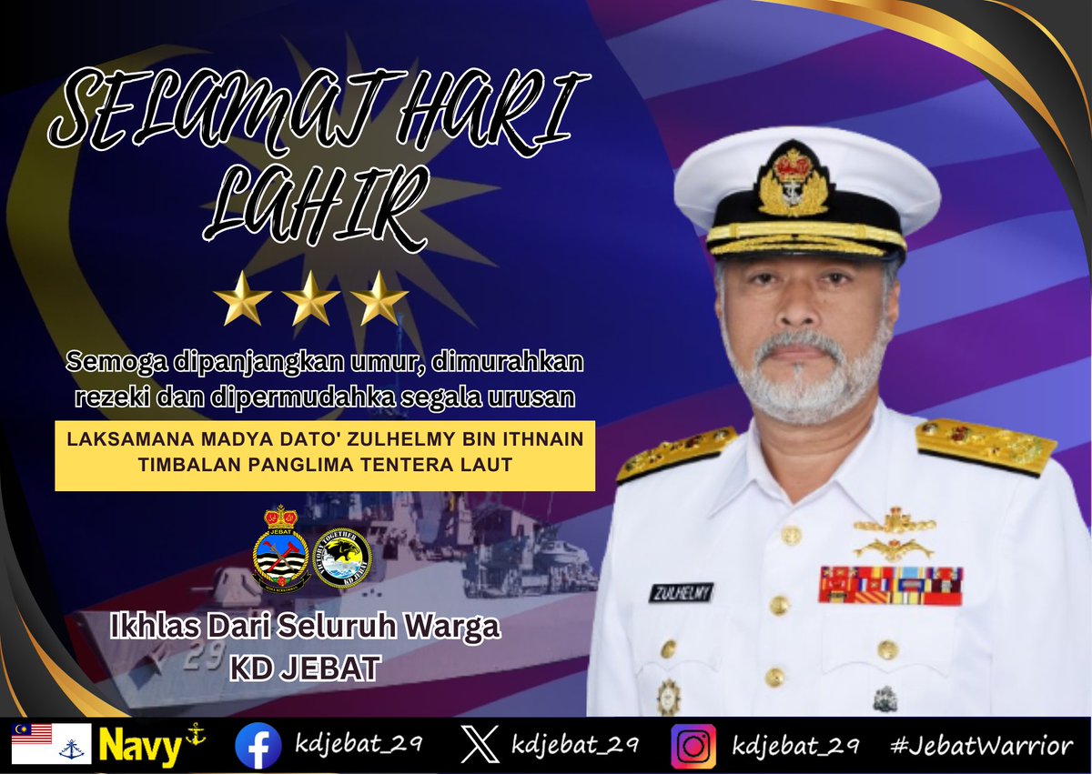 Happy Birthday Vice Admiral Dato' Zulhelmy bin Ithnain from KD JEBAT. Wishing you a very happy birthday and a splendid year ahead. @tldm_rasmi @MPA_Barat #JebatWarrior #VictoryTogether