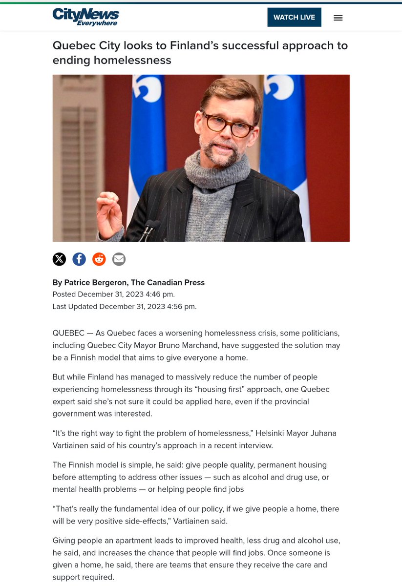 ODSPoor's tweet photo. Quebec City looks to Finland’s successful approach to ending homelessness:

'The Finnish model is simple, he said: give people quality, permanent housing before attempting to address other issues — such as alcohol and drug use, or mental health problems — or helping people find jobs 

“That’s really the fundamental idea of our policy, if we give people a home, there will be very positive side-effects,” Vartiainen said.

Giving people an apartment leads to improved health, less drug and alcohol use, he said, and increases the chance that people will find jobs. Once someone is given a home, he said, there are teams that ensure they receive the care and support required.

There were 18,000 people experiencing homelessness in Finland when the country first launched its effort to tackle the issue back in 1987. At the end of 2022, the figure had dropped to 3,686 in the country of 5.5 million, though only 492 spent the night outside. 

In Quebec, 10,000 people were experiencing visible homelessness in October 2022 — the last time the provincial government counted — an increase of 44 per cent since 2018.'

#PWDrising #OW #PWD #ODSP #DERB #AISH #said #MAiD #cdnpoli #disability #neurodiverse #Neurodivergent #odspoverty #PWDallies #humanrights #un_enable #canpoli #follow #retweet #ontario #canada #disabilitytwitter #ableism #poverty #homelessness #hunger #canadiandisabilitybenefit