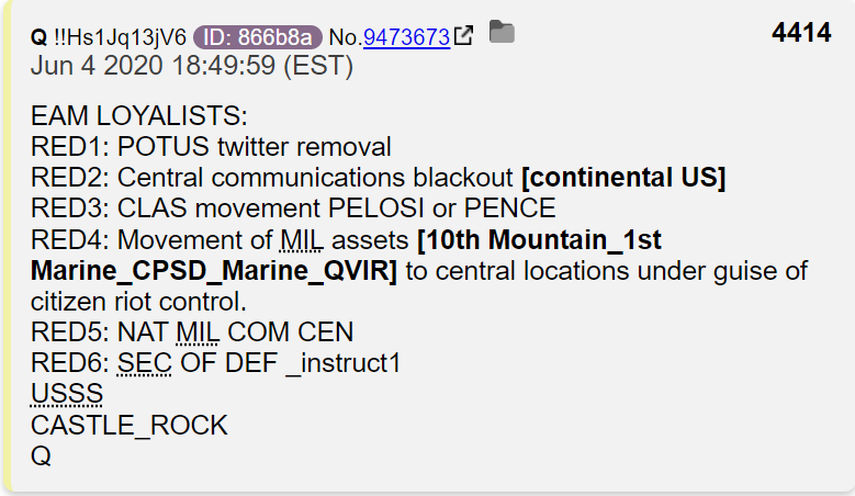 A guy contacted me who is former military. His job was writing operation plans [OPlans]. He said the military has a plan for every conceivable possibility. Many plans are thousands of pages long. He said the RED1 post by Q looks like it was taken from a military OPlan.