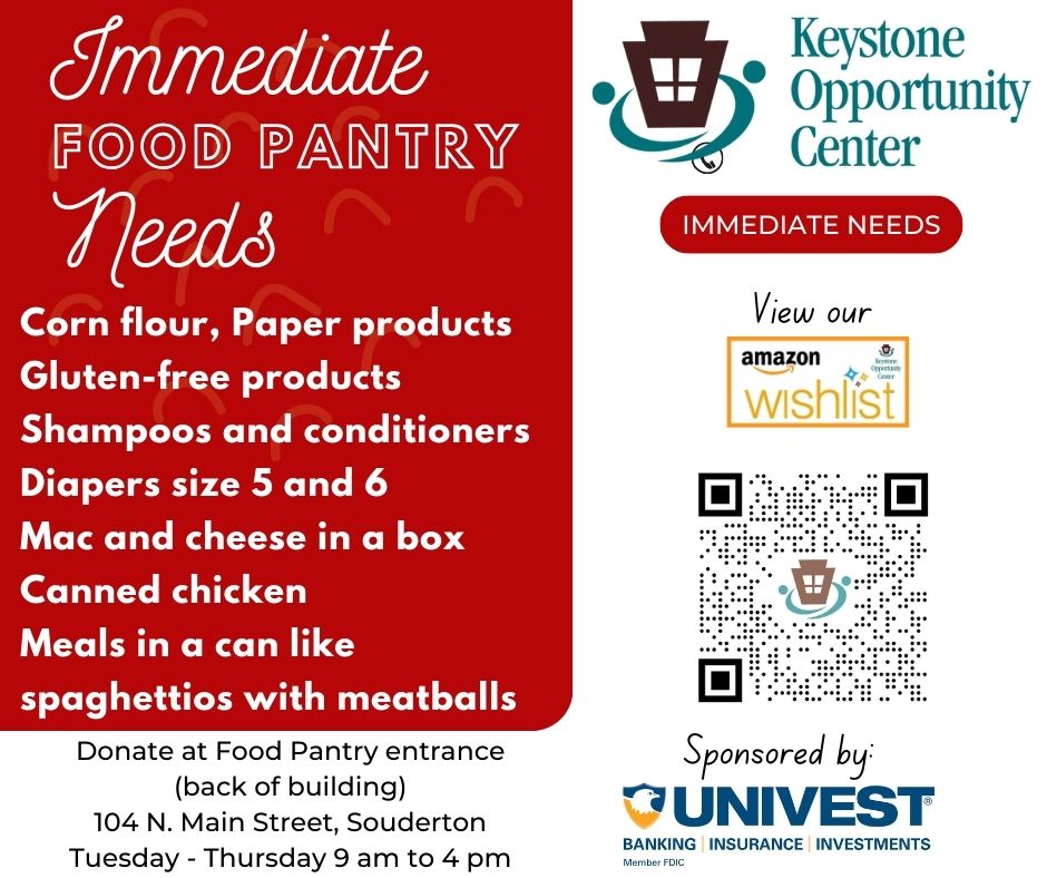 Keystone Opportunity Center (@keystoneopp) on Twitter photo Happy Immediate Needs Monday, sponsored by <a href="/UnivestCorp/">Univest Financial</a>! Neighbors coming to Keystone’s Food Pantry need corn flour, paper products, gluten-free products, shampoos and conditioners, diapers size 5 and 6, mac and cheese in a box and more. We are closed today but reopen tomorrow. Happy Immediate Needs Monday, sponsored by <a href="/UnivestCorp/">Univest Financial</a>! Neighbors coming to Keystone’s Food Pantry need corn flour, paper products, gluten-free products, shampoos and conditioners, diapers size 5 and 6, mac and cheese in a box and more. We are closed today but reopen tomorrow.