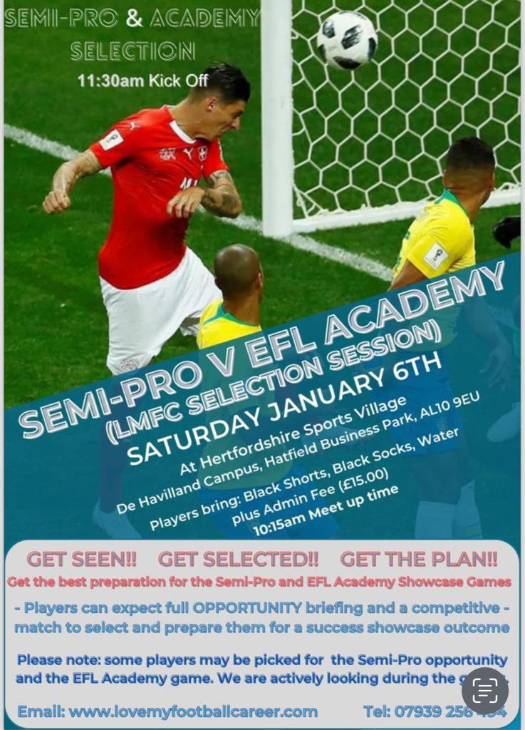 NON-LEAGUE &amp; PRO JANUARY Chances! DIRECT Signing, trials &amp; scouting (for STEP 2 to 5) on Saturday 6th JAN <a href="/Hertfordshire/">Hertfordshire Jobs</a> Sports Village!THEN Tuesday 9th of JAN a GAME Vs BARKING FC <a href="/Stadium/">Stadium</a>. THEN EFL Academy CHANCE Vs Cambridge United on WEDNESDAY 17th JAN (WhatsApp 07939246494)
