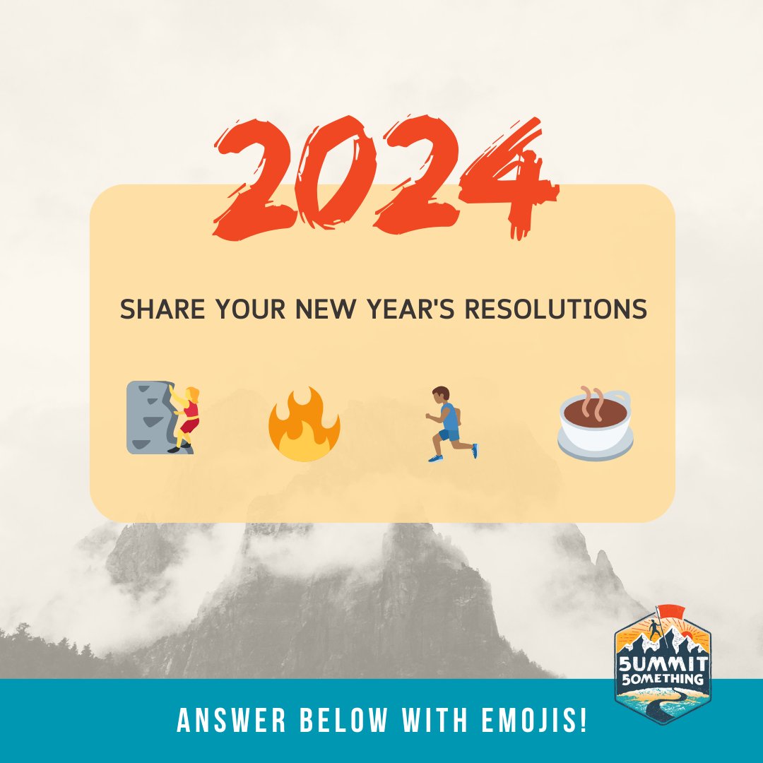 summitsomething's tweet photo. Share your New Year's resolutions &amp; dream adventures using emojis! From adventures you want to go on, learning how to make a fire, or savoring quiet moments on a hike, let's see those goals take shape in emojis! 💪❤️🌟 #NewYearKickoff #2024Adventures #EmojiResolutions #Hello2024 https://t.co/yRg45AUTQw