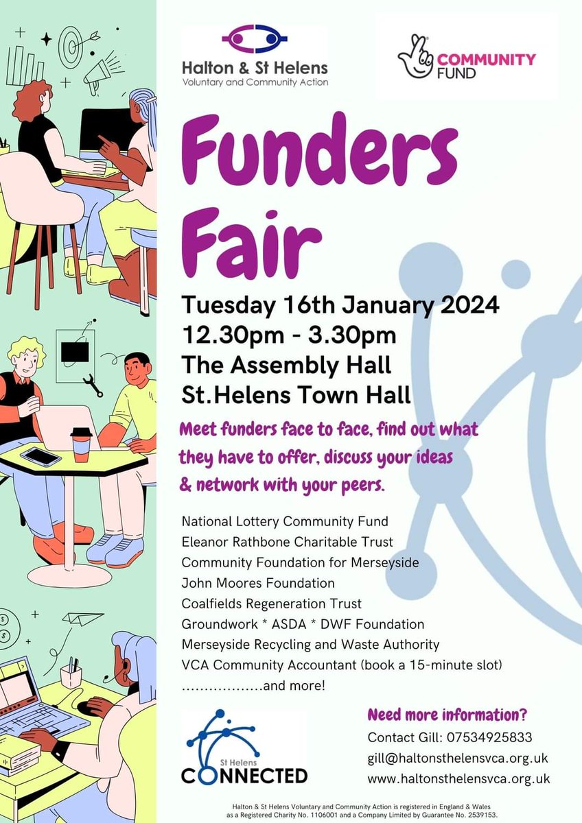 HSHVCA's tweet photo. We are holding a Funders Fair to enable the VCFSE sector organisations to meet the funders who could make your dreams grow into reality (big and small). Come along  to St.Helens Town Hall on January 16th from 12.30 until 3.30pm, to learn more. We would love to see you! https://t.co/ENjwUQM7LY