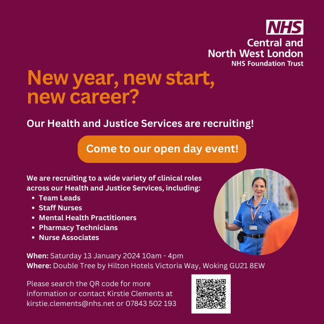 Start your new year with a role in Health &amp; Justice where no two days are the same!  

Attend our recruitment Day on Saturday 13 January at The Double Tree by Hilton, Victoria Way, Woking, GU21 8EW.

Find out more and apply here: cnwl.nhs.uk/work#!/job/UK/…