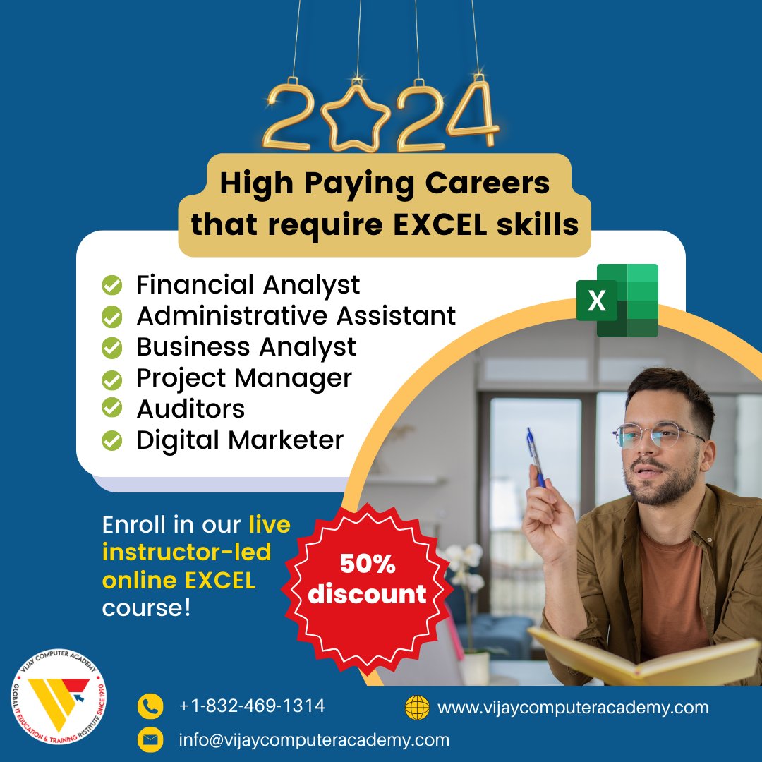 VCAGLOBALIT's tweet image. Vijay Computer Academy offers an exclusive limited-time offer this 2024:
50% discount on already discounted tuition of Excel and Advanced Excel course.

Inquire now vijaycomputeracademy.com/inquiry-page/

Cohort dates: January 4, 8 

#ExcelMastery #DataAnalysis #FinancialModeling #EnrollNow