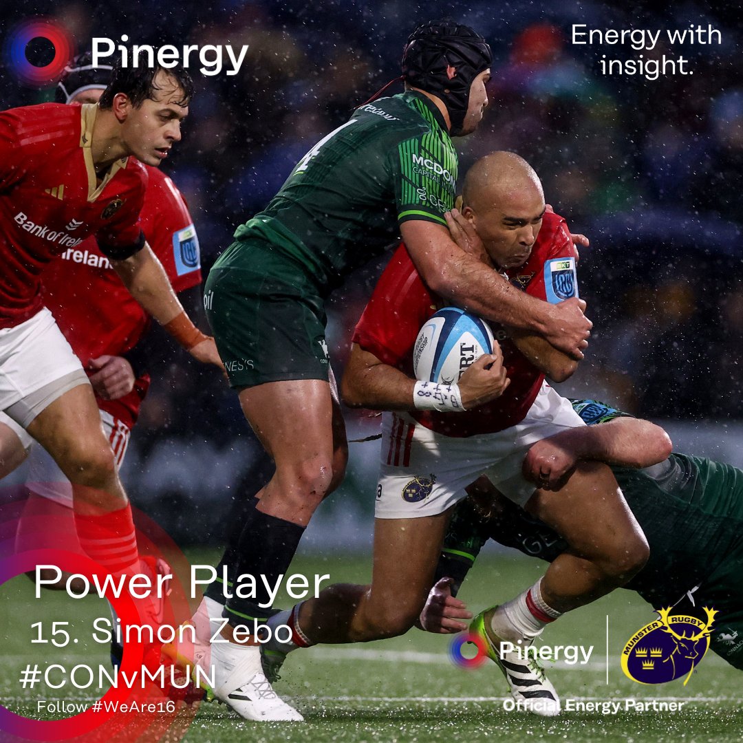 Simon Zebo was the Pinergy Power Player in Munster's 22-9 defeat to Connacht at the Sportsground - he topped the stats for metres gained (72) from 9 carries and made 3 tackles.

#CONvMUN #WeAre16 #PoweringTheDifference #SUAF #Munster #MunsterRugby #URC