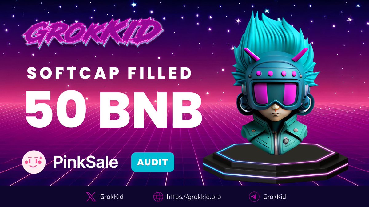 GrokKid's tweet photo. SOFTCAP FILLED 50 BNB 

Slow fill = Moon 🔥🔥

55 BNN filled with just under 1 hour left. Don’t fade GrokKid. We’ve covered huge launch marketing with Ave trending on launch. Top Pinksale incubator onboard 🔝🔝

⚪️Buy Presale:  https://t.co/r6ESA9EaVO

#GrokKid #Grok #Meme https://t.co/KVOhgArAIS