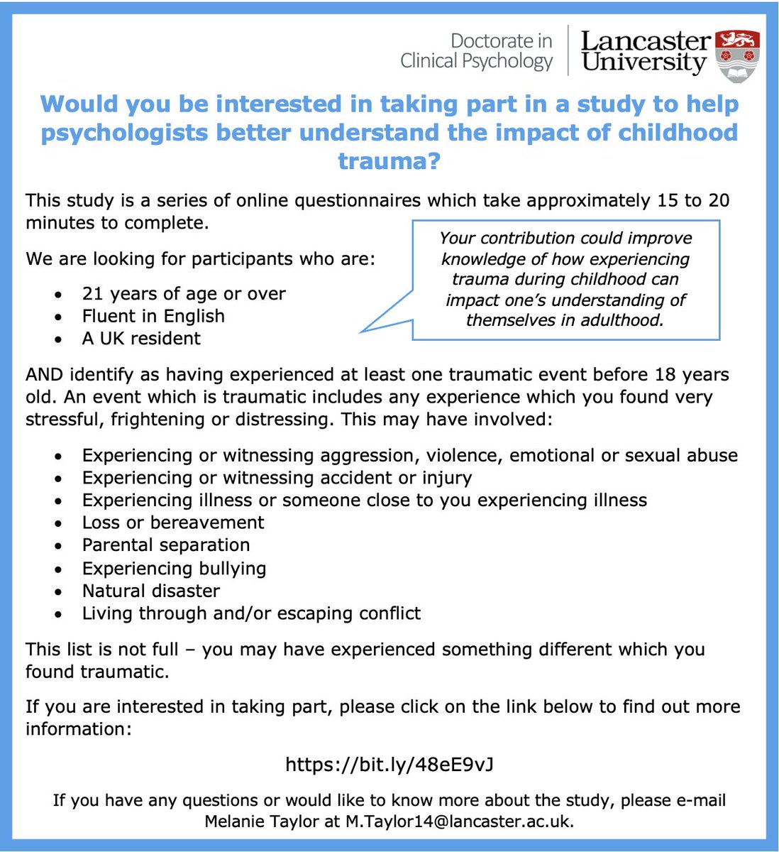 Would you be interested in taking part in a study to help psychologists better understand the impact of childhood trauma? If so, read the information below to see if you may be able to take part👇 Click the link if you wish to be taken to the study 👉bit.ly/48eE9vJ