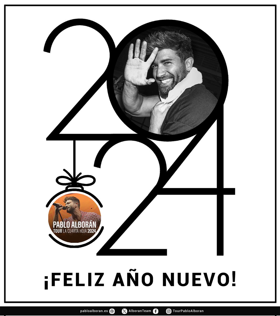 AlboranTeam's tweet photo. #Foto ¡Feliz año nuevo a l@s que disfrutáis de la música de @pabloalboran! 🥳 

Os deseamos un 2️⃣0️⃣2️⃣4️⃣ lleno de instantes especiales y que la risa siga siendo vuestra nueva religión 🍀.

¡Mucha 🎶 para tod@s, os esperamos en el cierre del #TourLaCuartaHoja por USA y Puerto Rico! https://t.co/xTA0phSMpa