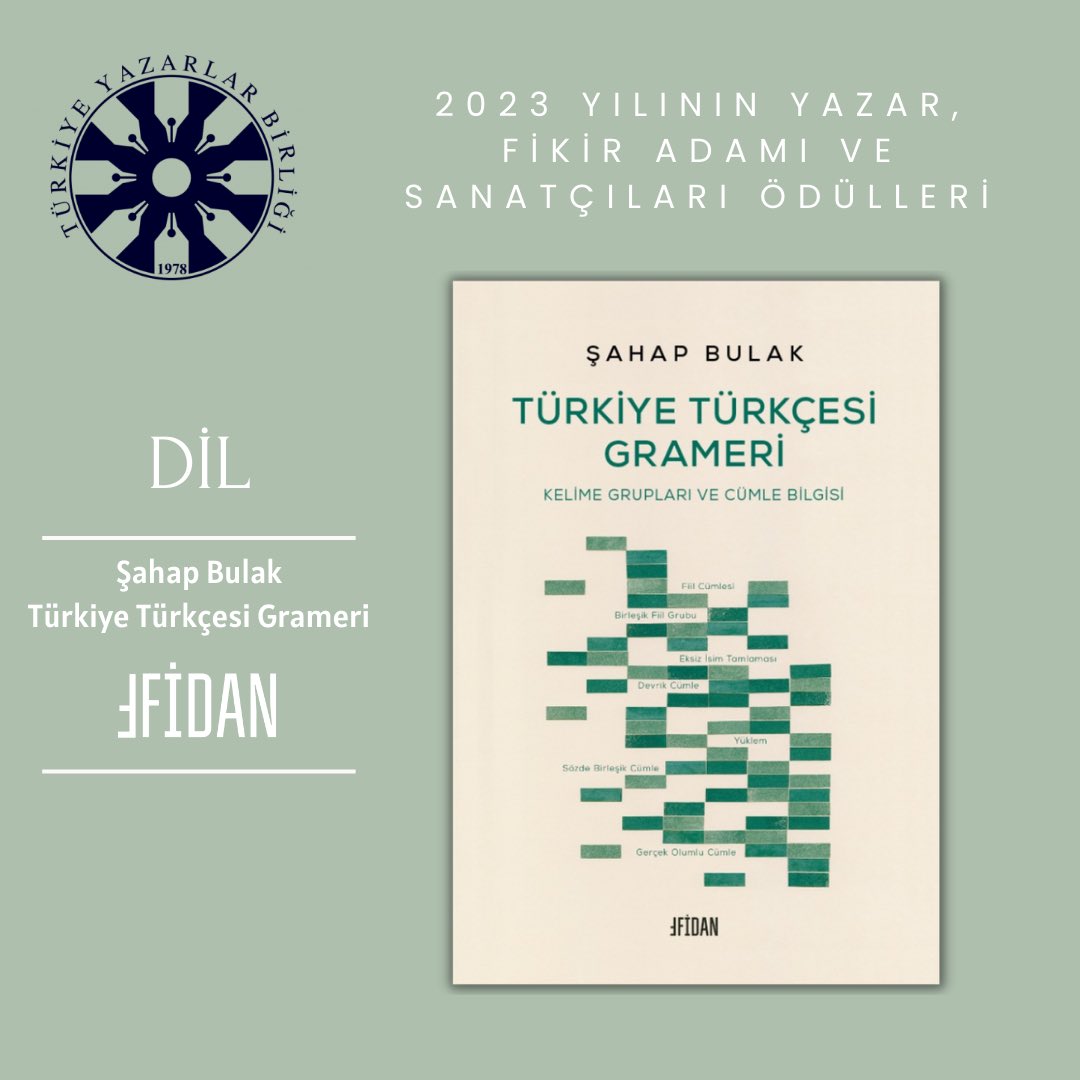 Türkiye Yazarlar Birliği’nin ''2023 Yılı 
 Ödülleri'' kapsamında “Dil” kategorisinde “Türkiye Türkçesi Grameri” adlı çalışmasıyla ödüle layık görülen yayınevimiz yazarı sayın Dr. Şahap Bulak’ı tebrik ederiz.
