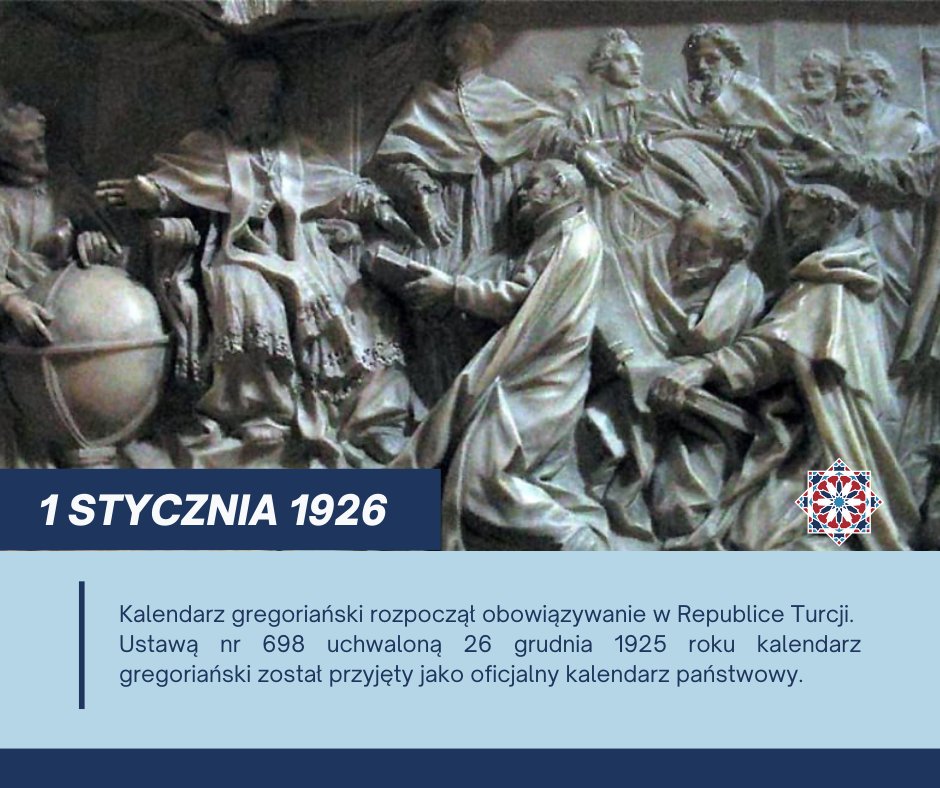 #OTD #TegoDnia 1926 r. kalendarz gregoriański rozpoczął obowiązywanie w 🇹🇷

Ustawą nr 698 z 26 XII 1925 r. został przyjęty jako oficjalny kalendarz państwowy 🗓️

Na grafice wykorzystano płaskorzeźbę z nagrobka Grzegorza XIII, przedstawiającą przyjęcie kalendarza w 1582 r. 📸